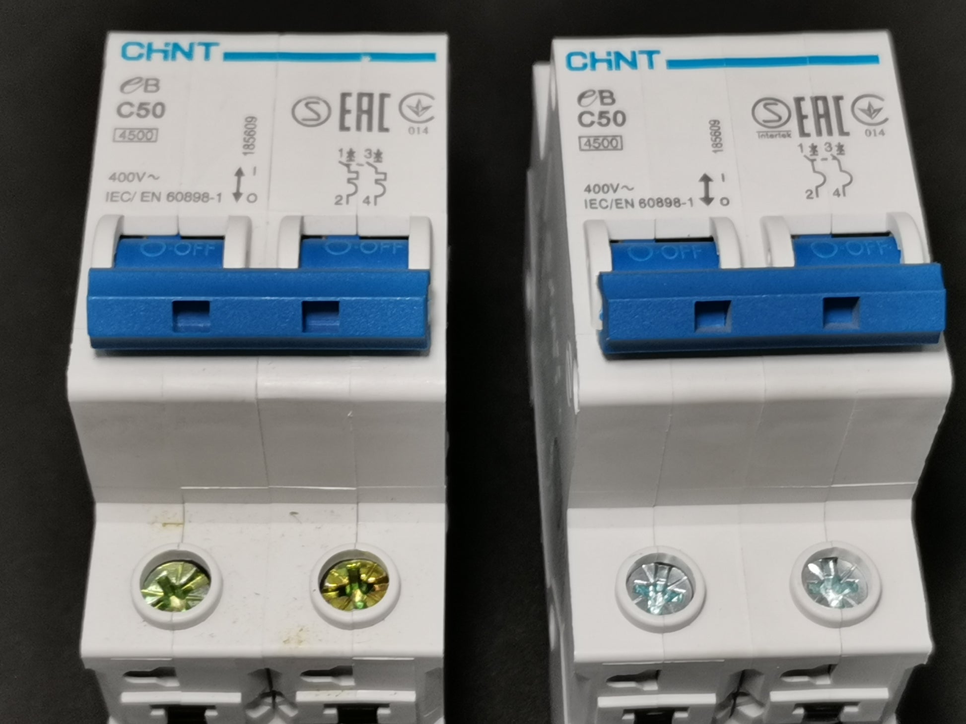 Chint 50A 2 pole circuit breaker with blue switch for electrical circuitry and parts