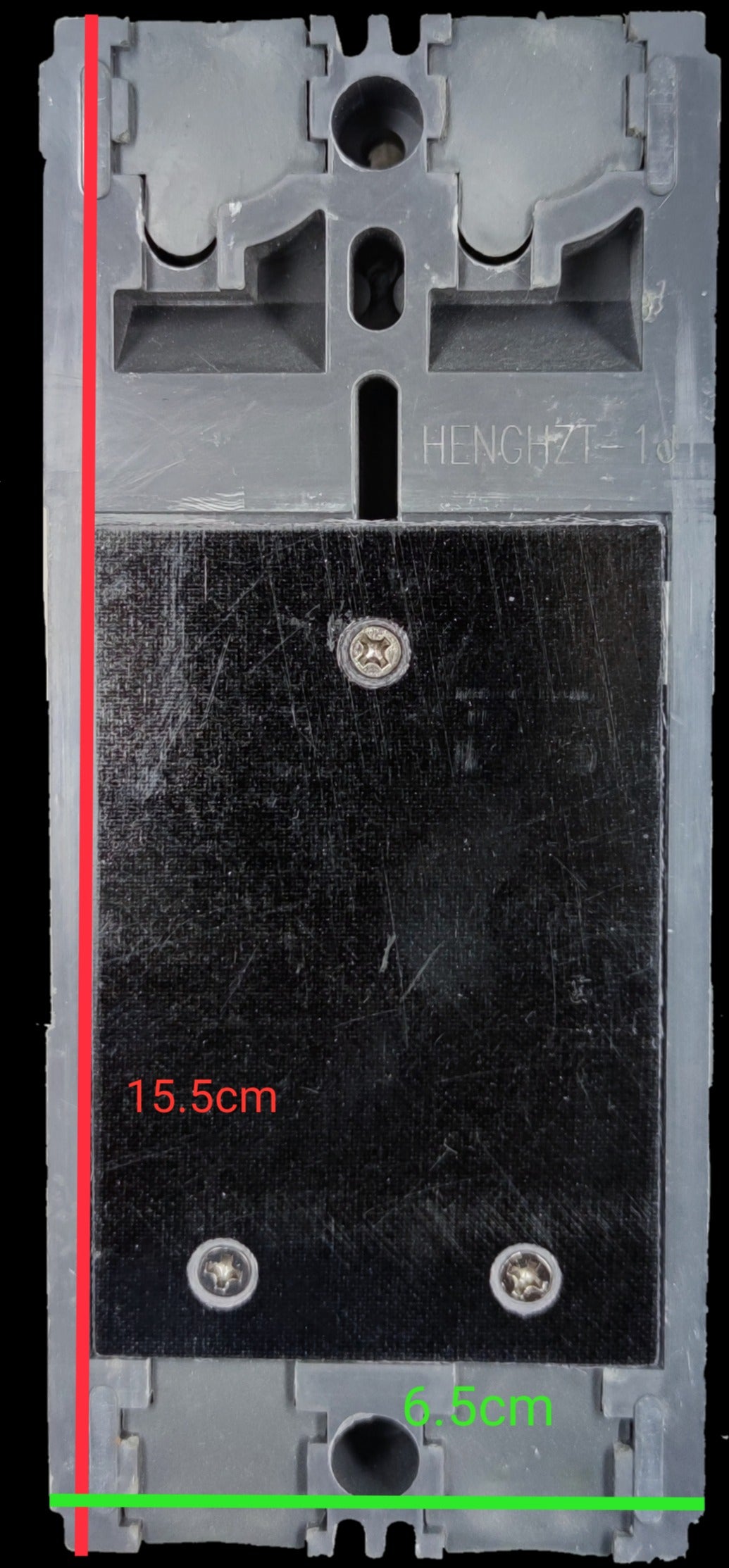 Chint 63A industrial circuit breaker component with detailed measurements on black and gray casing