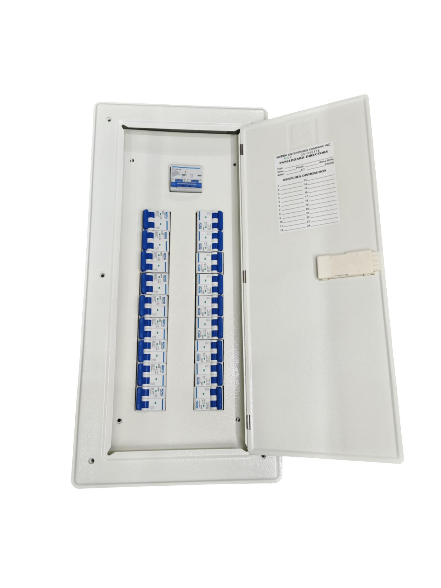Electrical panel with 80A 2Pole Chint Miniature Circuit Breaker and multiple switches inside white metal box
