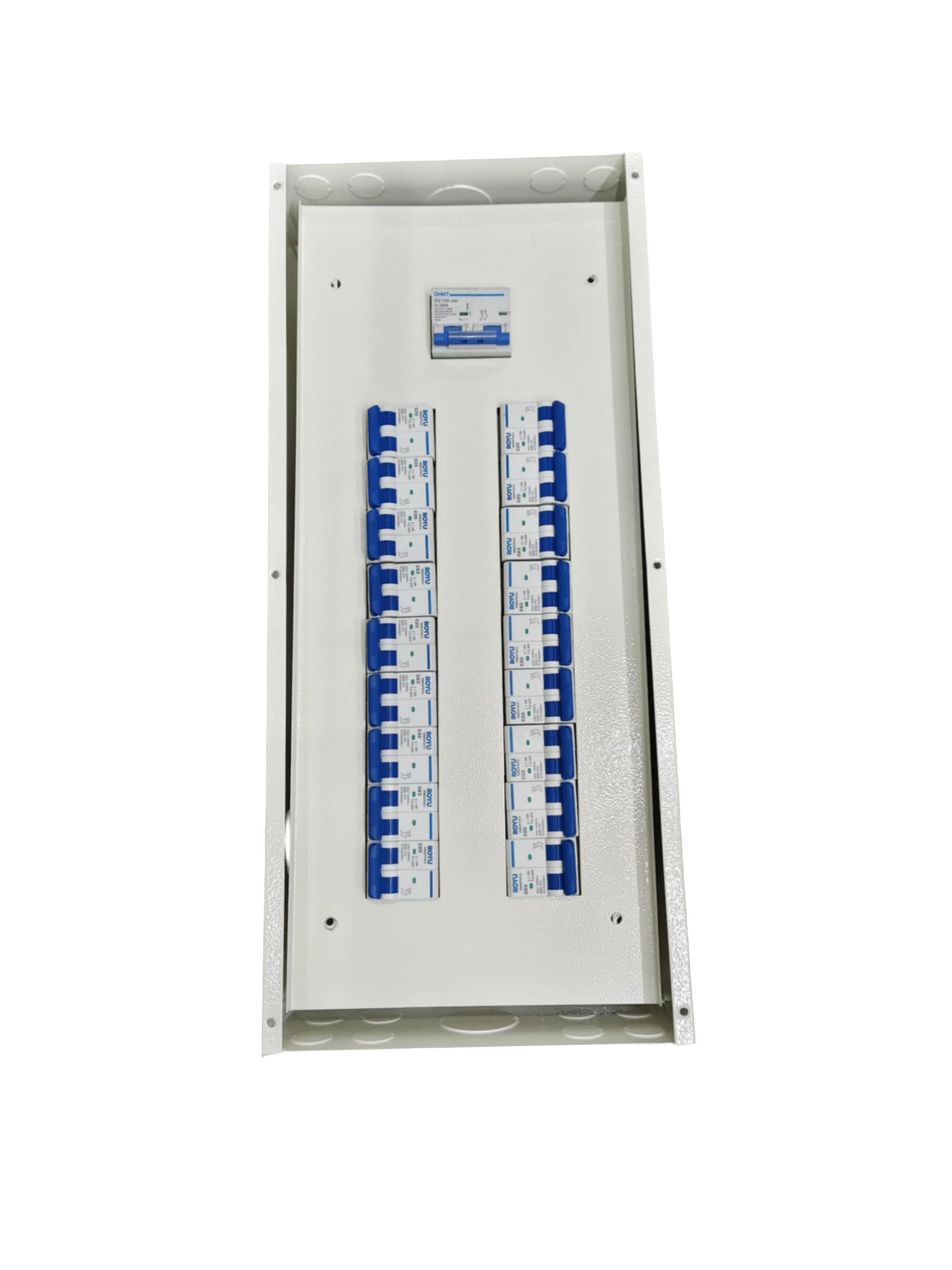 Electrical panel with multiple 80A 2Pole Chint Miniature Circuit Breaker units installed