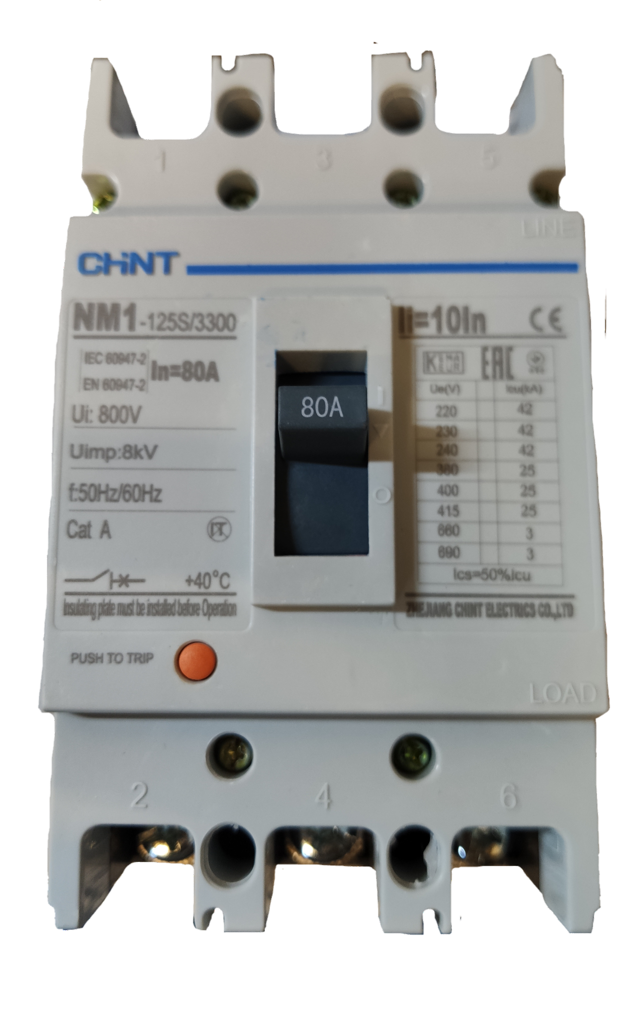 Chint 80A 3 Pole Industrial Circuit Breaker 3 Phase with white casing and black switch