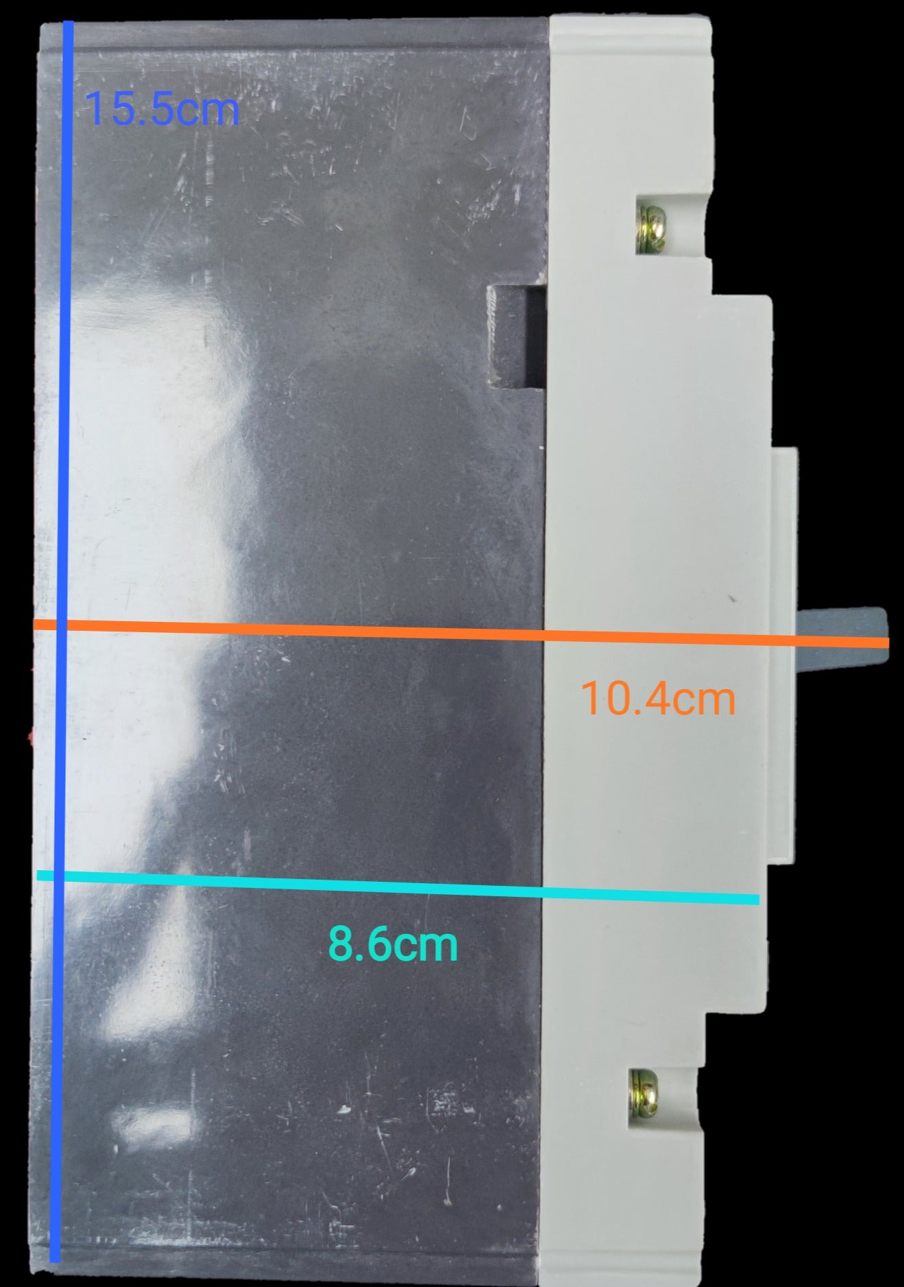 Chint 80A industrial circuit breaker with metal and white plastic casing showing side profile and dimensions