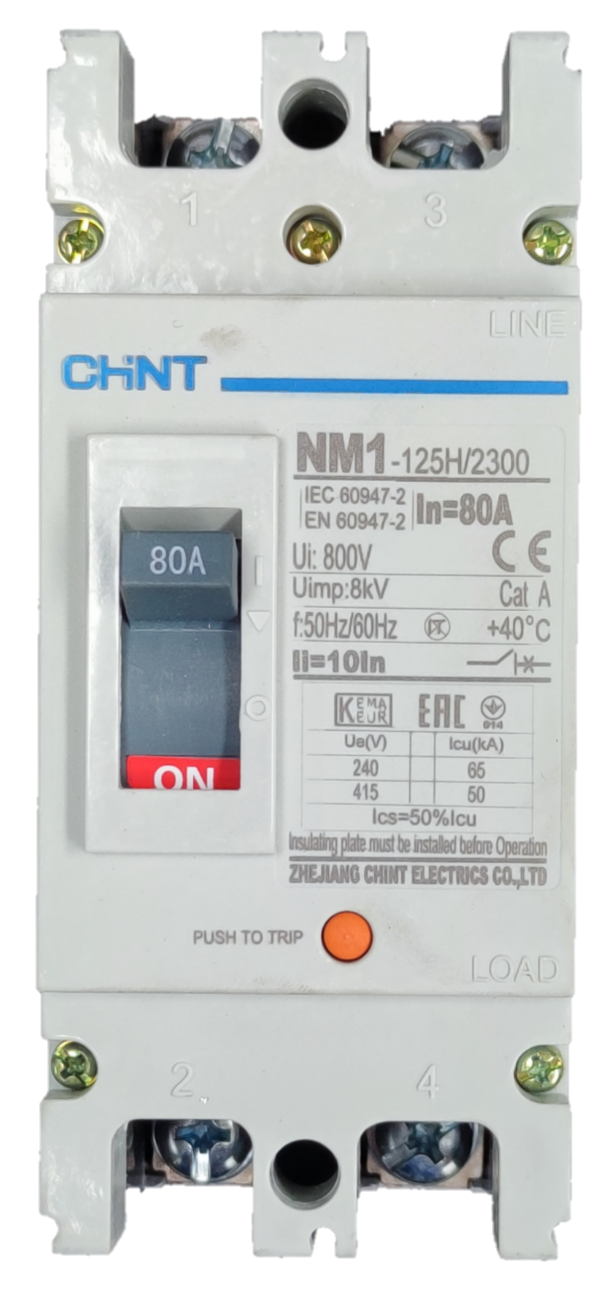 Chint 80A industrial circuit breaker NM1-125H 2300 with 80 amp rating and on off switch