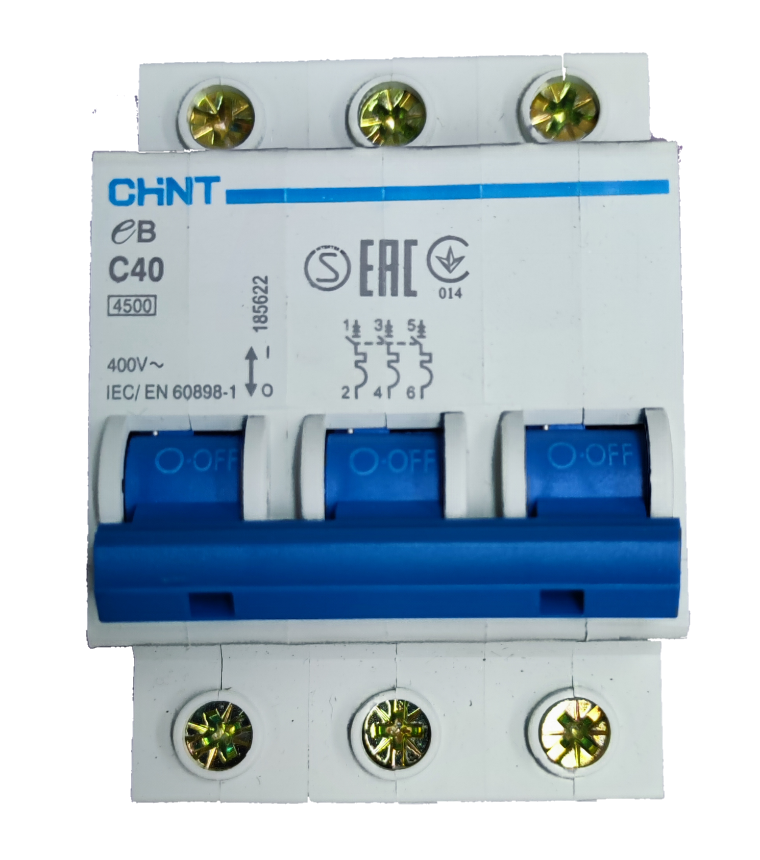 Chint 40A 3 pole circuit breaker. White and blue 3 pole breaker with ON OFF levers and brass terminal screws