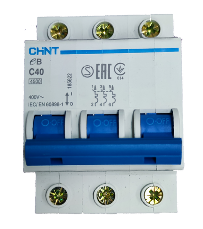 Chint 40A 3 pole circuit breaker. White and blue 3 pole breaker with ON OFF levers and brass terminal screws