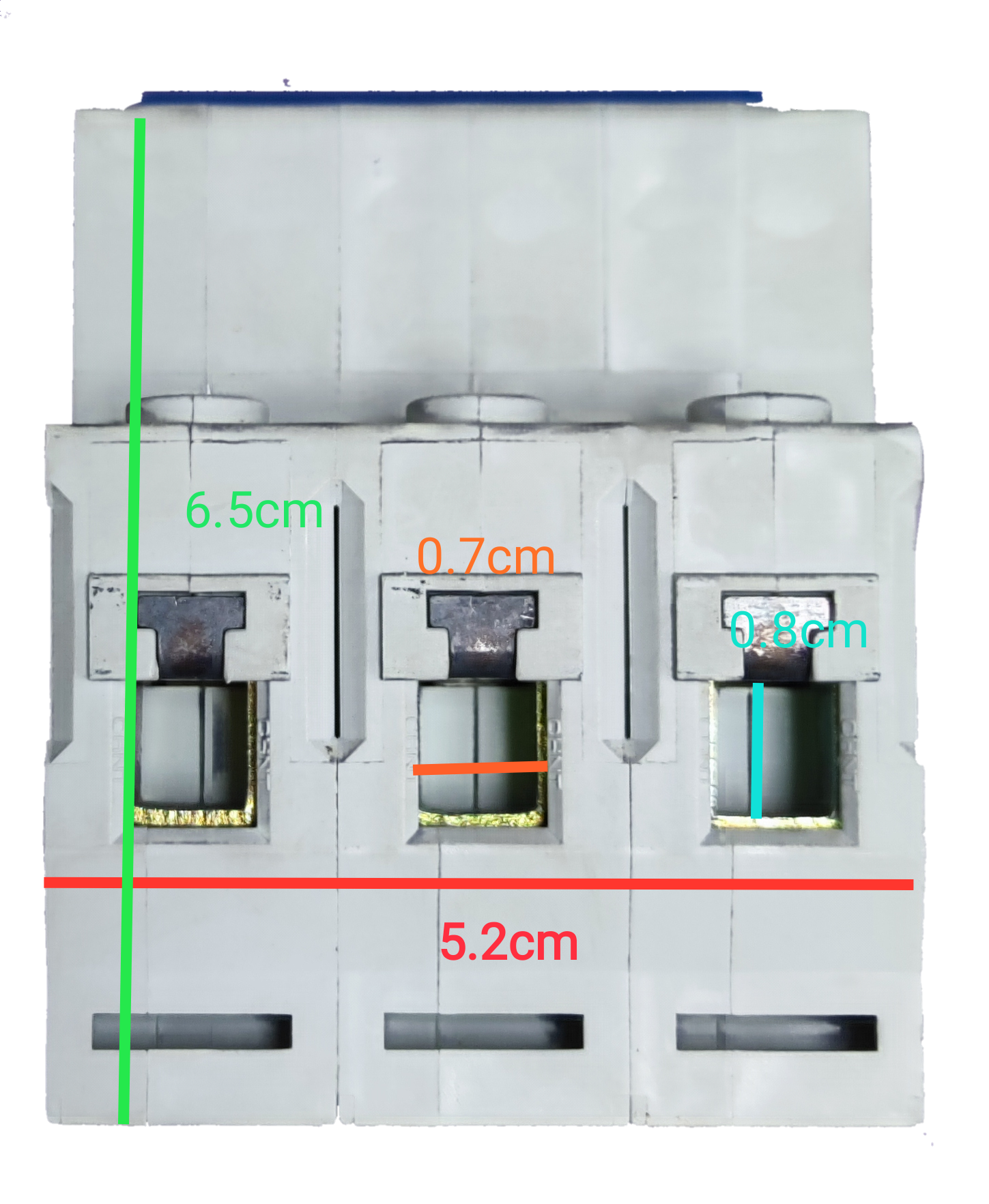 Front view of Chint 40A 3 pole circuit breaker white three module housing with terminal openings and measurement markings