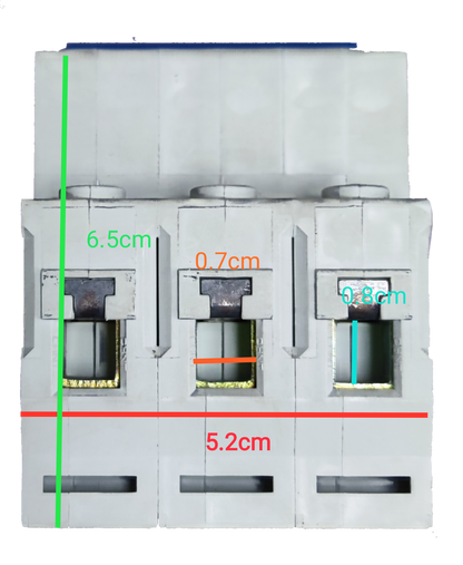 Front view of Chint 40A 3 pole circuit breaker white three module housing with terminal openings and measurement markings