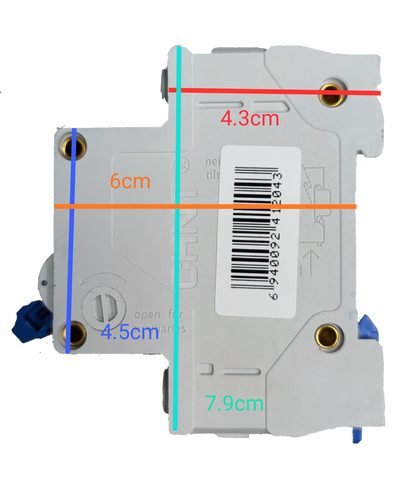 Chint 40A 3 pole circuit breaker front view with barcode label and mounting holes showing dimensions