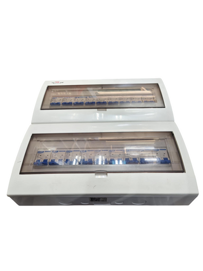 Chint NXB 2 pole breaker panel white dual row distribution box with transparent hinged cover and blue MCBs