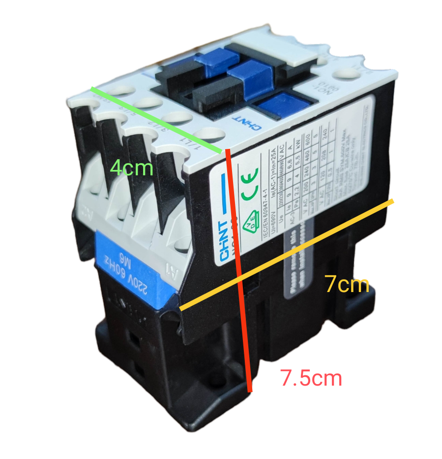 Chint Magnetic Contactor 25A 220V 1NO with labeled dimensions 7.5cm by 7cm by 4cm