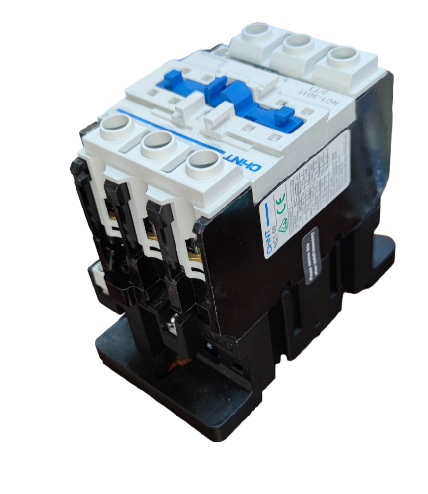 Chint Magnetic Contactor 80A 220V with black and white body and blue switch lever