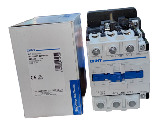 Chint Magnetic Contactor 80A 220V electrical switch next to its labeled white and blue box