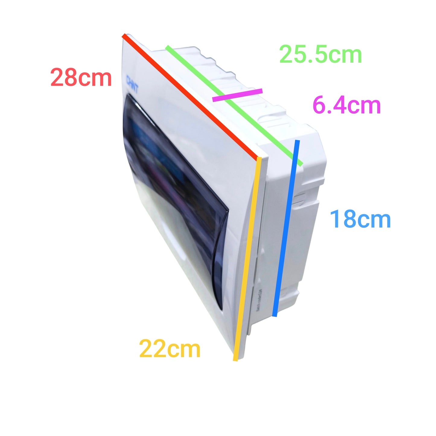 Chint Miniature Circuit Breaker DB-12F white distribution box with smoked cover and dimension labels