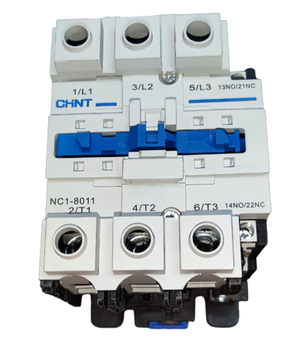 Chint power switch with Operational Current 80A 440V featuring three-phase terminals and blue toggle