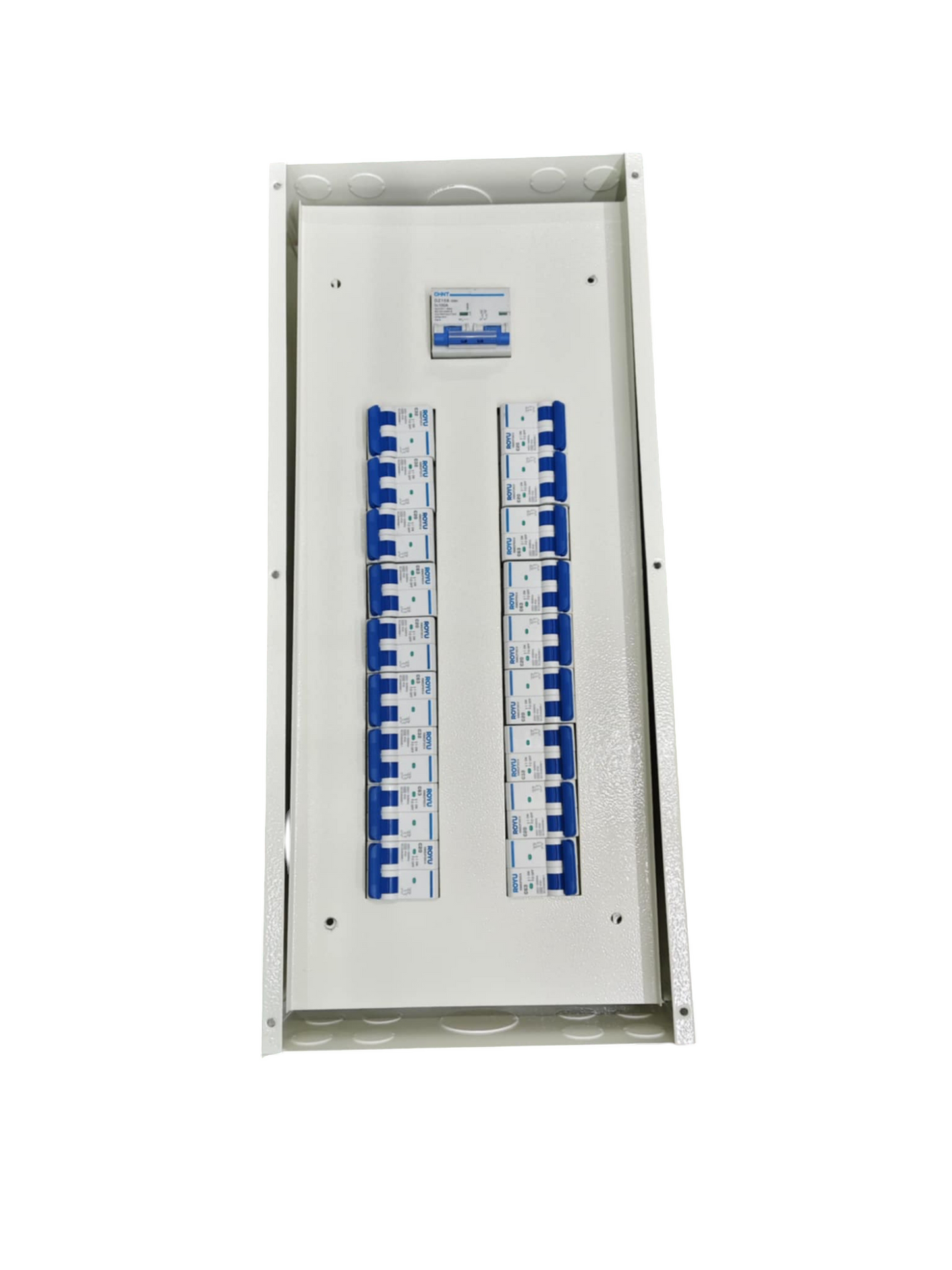 Panel Board 100A 2Pole Chint Miniature electrical circuitry part with multiple circuit breakers in a metal enclosure