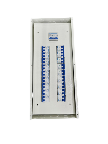 Panel Board 100A 2Pole Chint Miniature electrical circuitry part with multiple circuit breakers in a metal enclosure