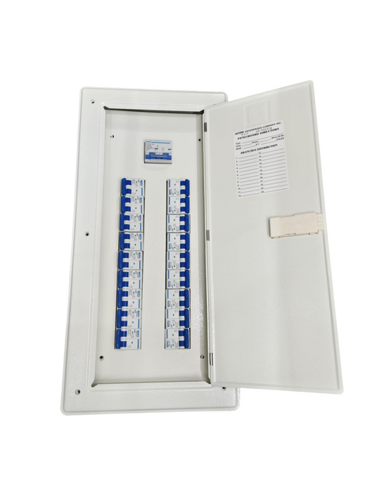 White electrical panel board with multiple circuit breakers and open door Panel Board 100A 2Pole Chint Miniature