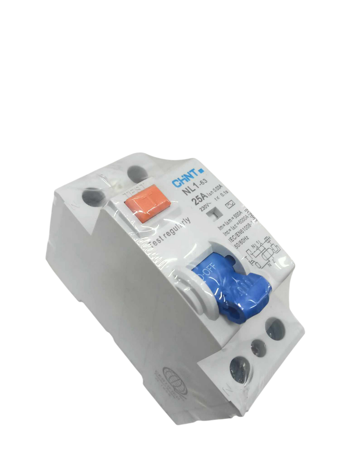 Chint RCB RCBO Earth Leakage Circuit Breaker with blue switch and test button for electrical safety