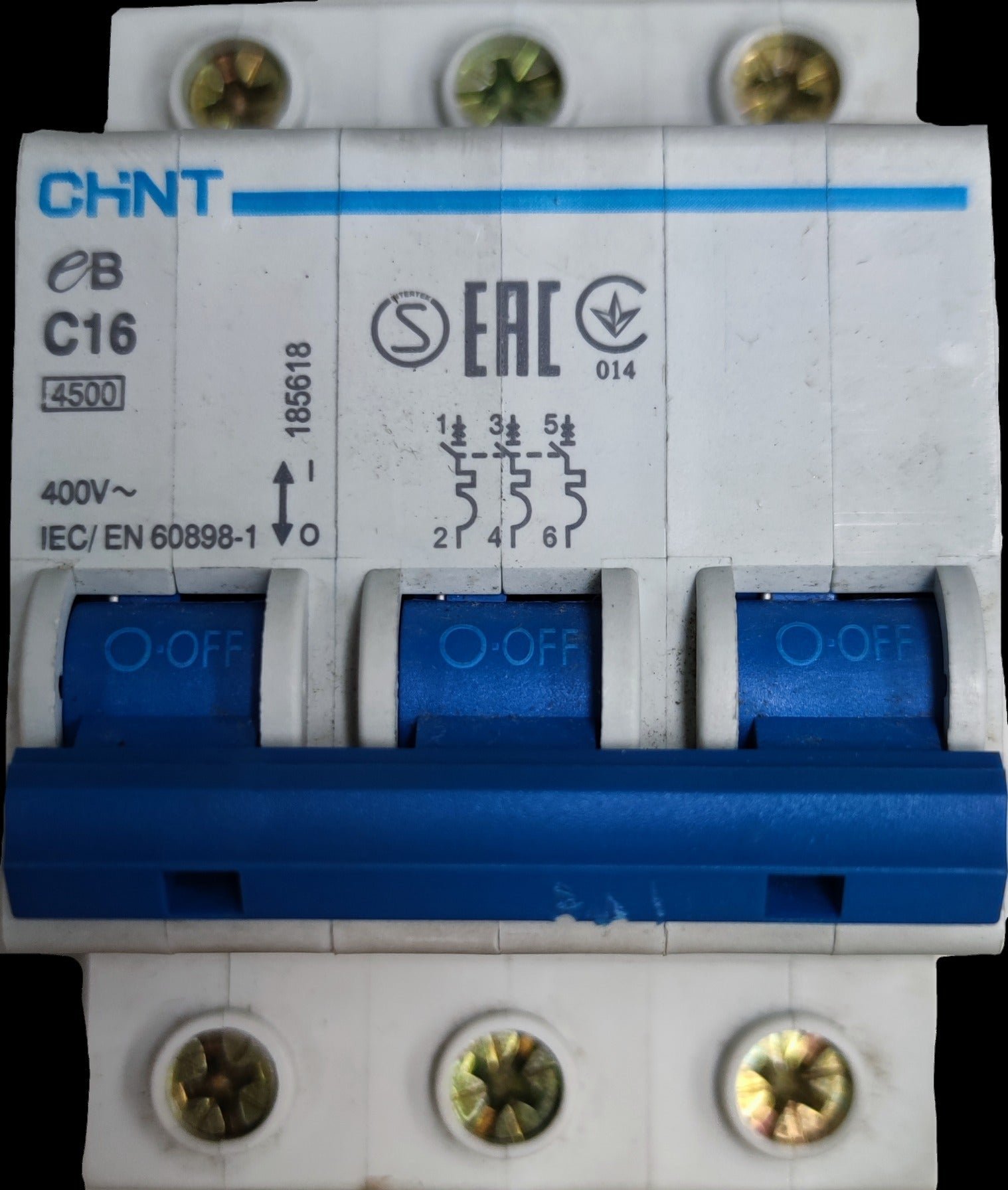 Chint 16A 3Pole Miniature Circuit DIN Rail Type with labeled on-off switches for electrical safety