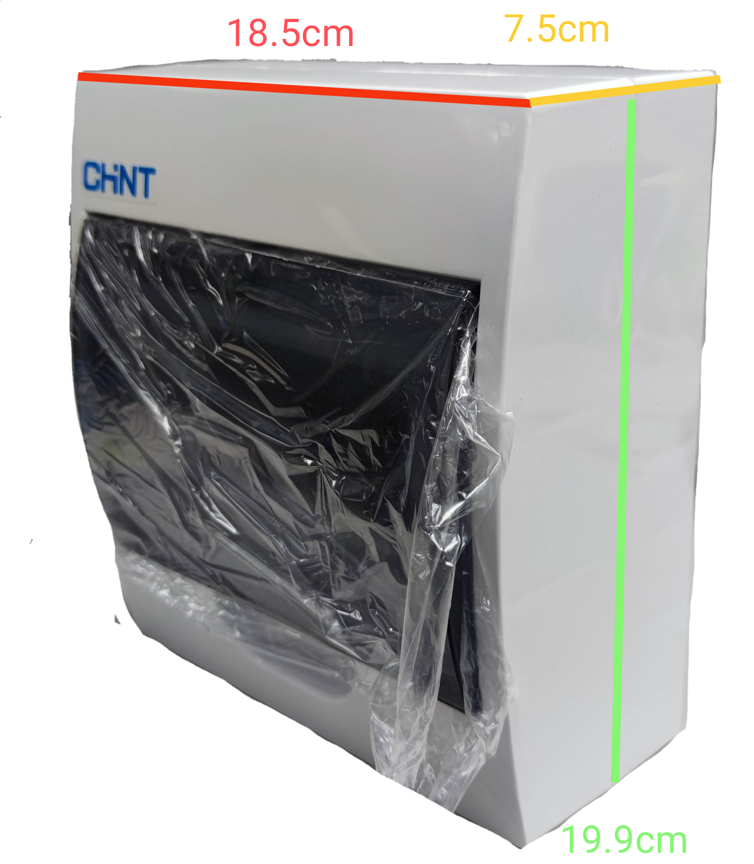 Chint 6 way panel board for safety switches with dimensions of 18.5cm x 7.5cm x 19.9cm