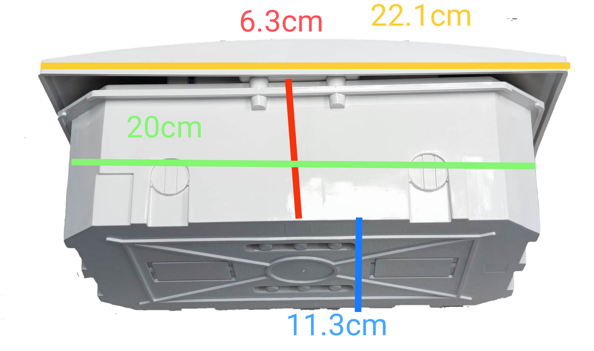 Chint white electrical enclosure underside with labeled mounting dimensions for distribution panel board 4 ways