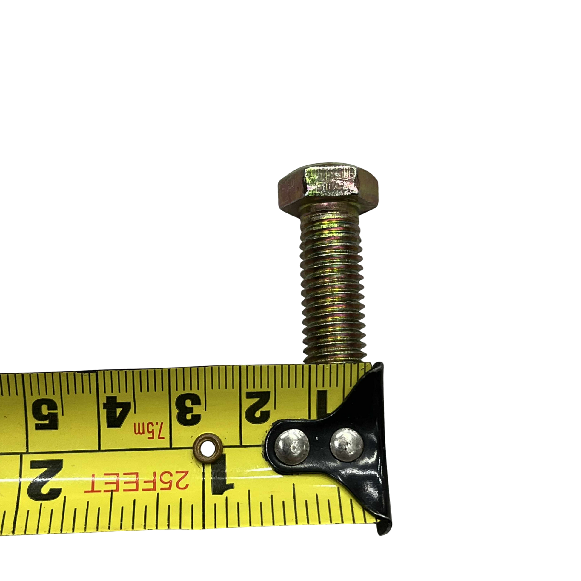 10mm x 35mm chrome gold bolt next to a measuring tape for size reference