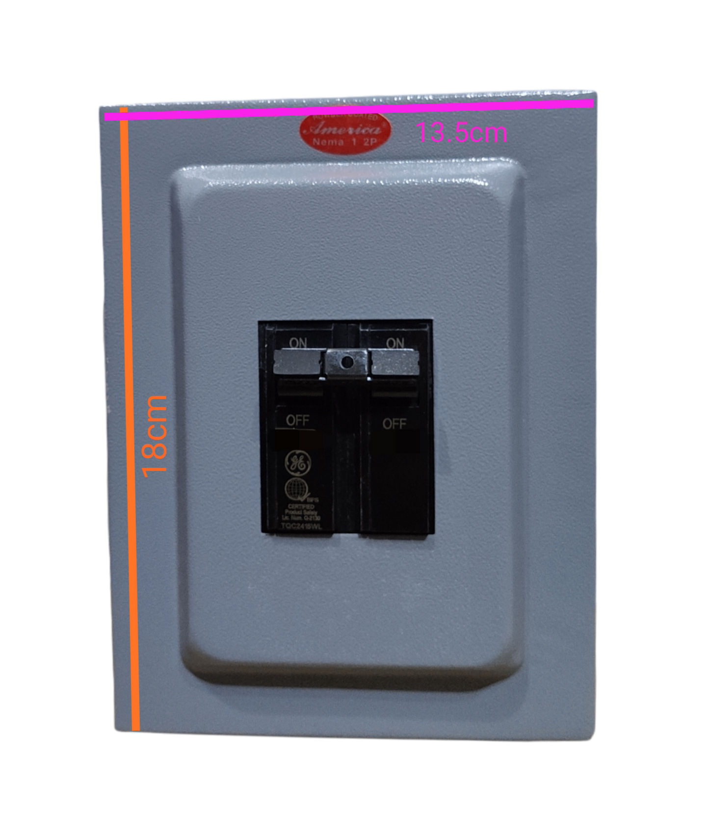 GE 2 pole single phase circuit breaker with clear ON/OFF switches and measurement markings