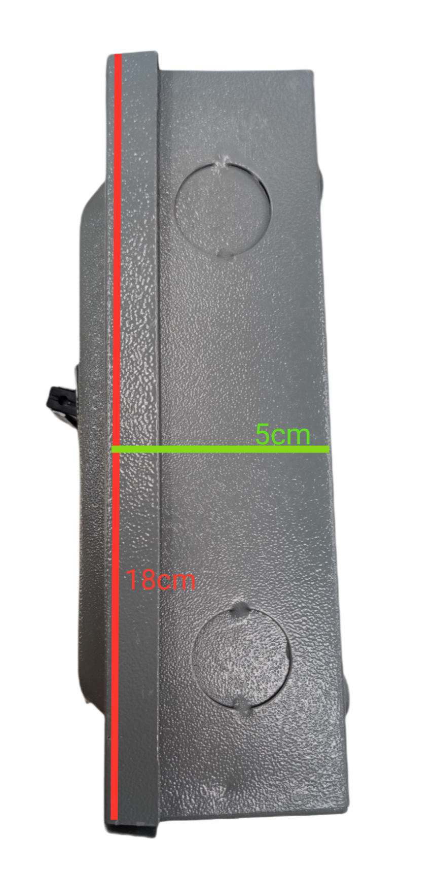 GE 2 pole single phase circuit breaker in a gray finish with mounting holes for easy installation