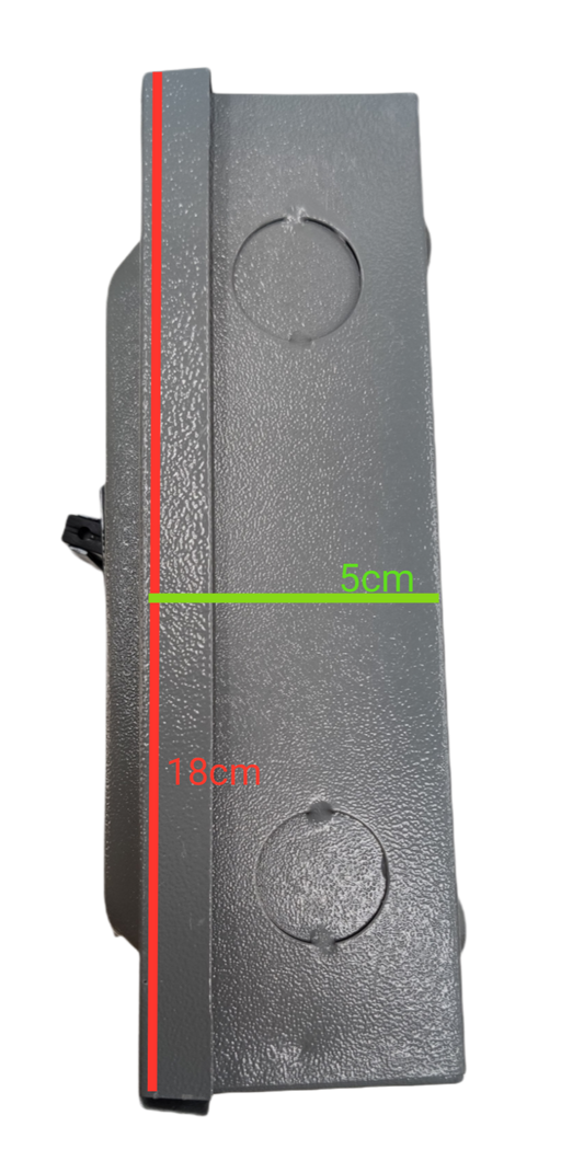 GE 2 pole single phase circuit breaker in a gray finish with mounting holes for easy installation