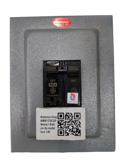GE 2 pole single phase circuit breaker mounted in a gray metal box with safety features