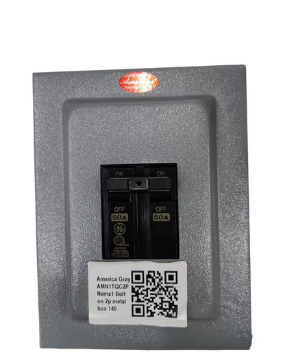 GE 2 pole single phase circuit breaker with 50 Amp capacity in a gray metal enclosure