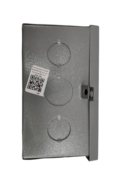 GE 2 pole single phase circuit breaker enclosure with three circular cutouts for electrical connections