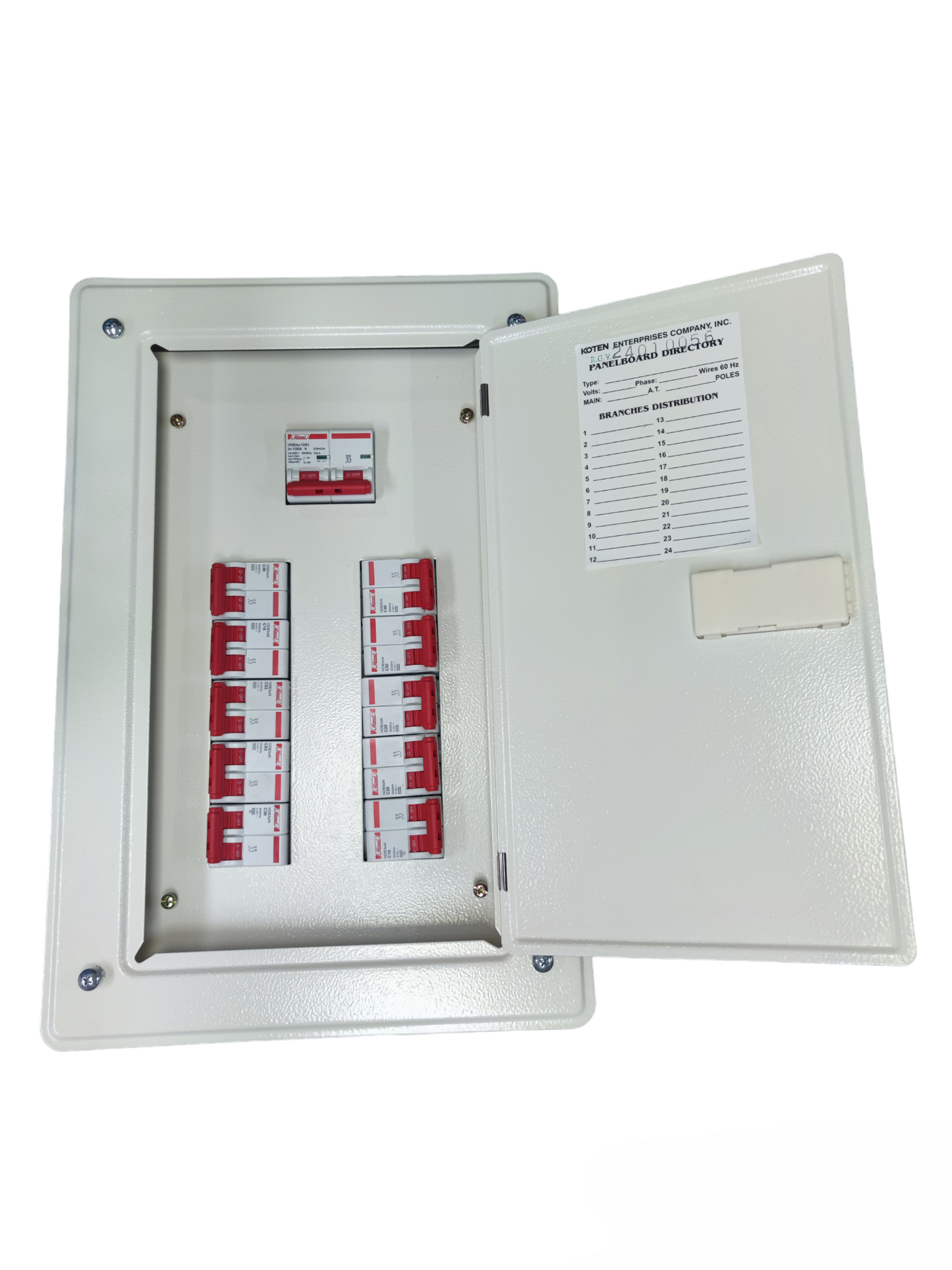 Koten & Himel Circuit Breaker 2Pole Main 100A 2pole with a white panel and multiple switches