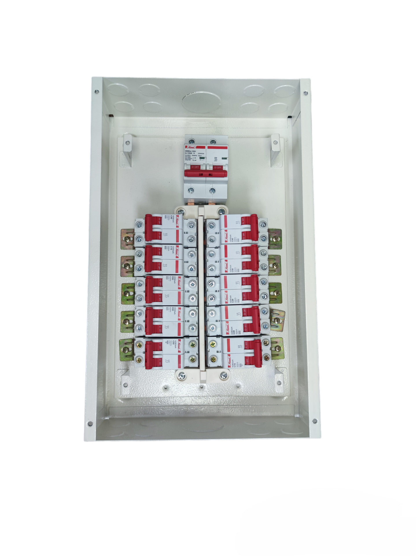 Koten & Himel Circuit Breaker 2Pole Main 100A 2pole in a White Electrical Panel with Multiple Fuses