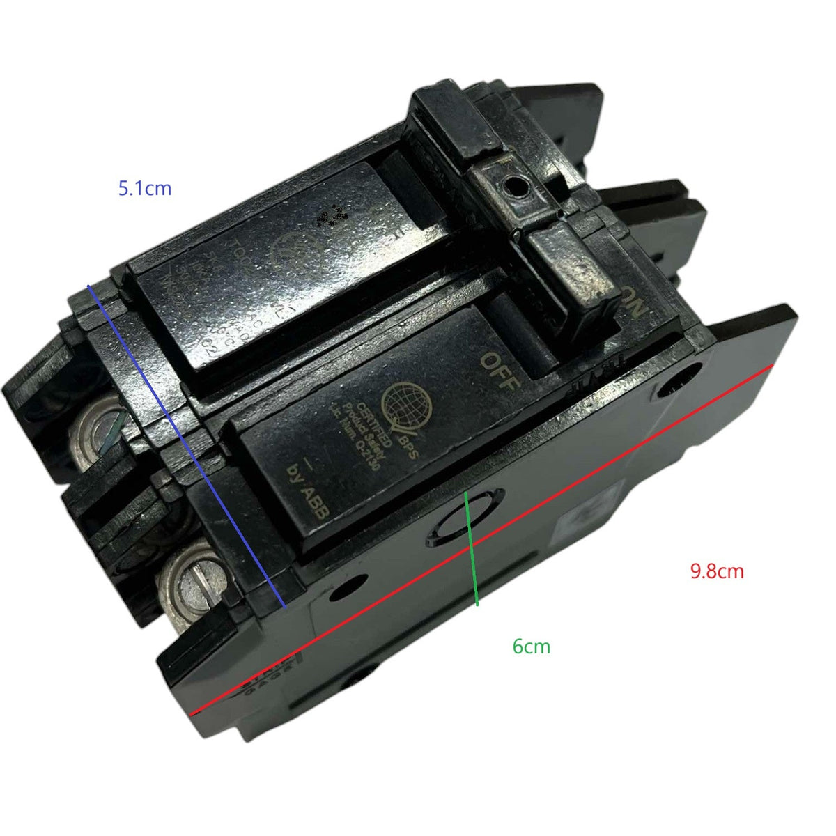 GE 30A Circuit Breaker 2 Pole in black with clear labels and dimensions for electrical systems