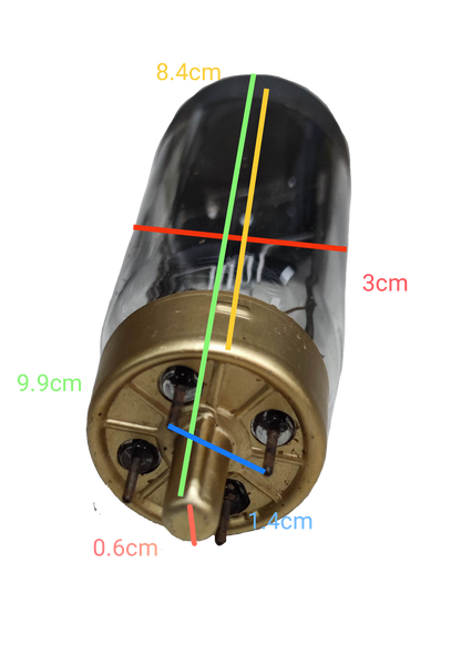 Sylvania classic 300W 4 pin projector bulb with clear glass and gold base showing dimensions