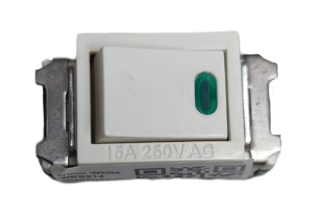 Omni 16A 250V classic series light switch in white with a green indicator