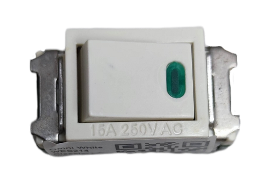 Omni 16A 250V classic series light switch in white with a green indicator