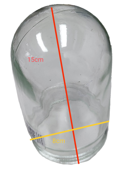 Clear vapor lamp glass cover for lighting installation measuring 15 cm height and 8 cm diameter