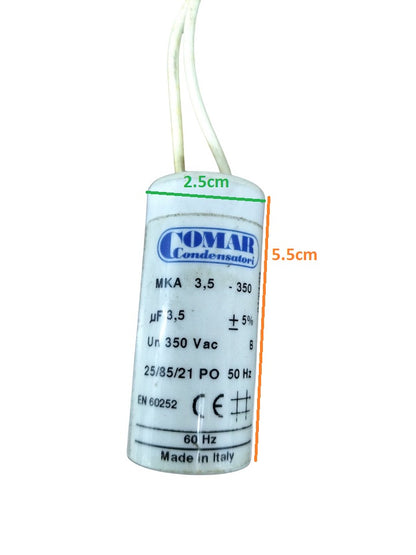 Comar Motor Running Capacitor 350V AC, 3.5uF with dimensions of 2.5cm by 5.5cm for electrical applications
