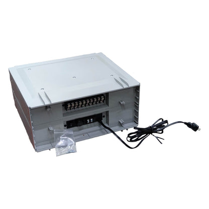 Electrical panel with wiring and plug on a white background