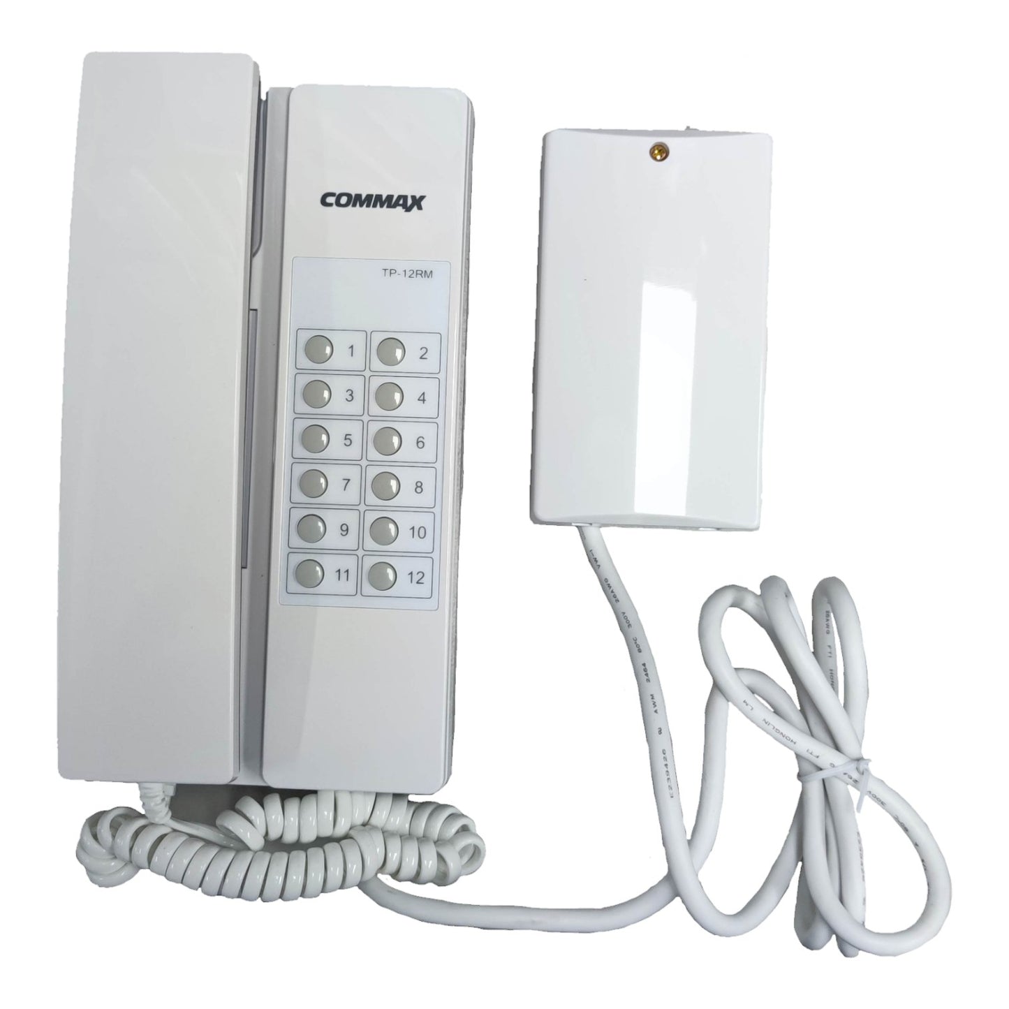 White intercom system with keypad and wall mount bracket on a white background