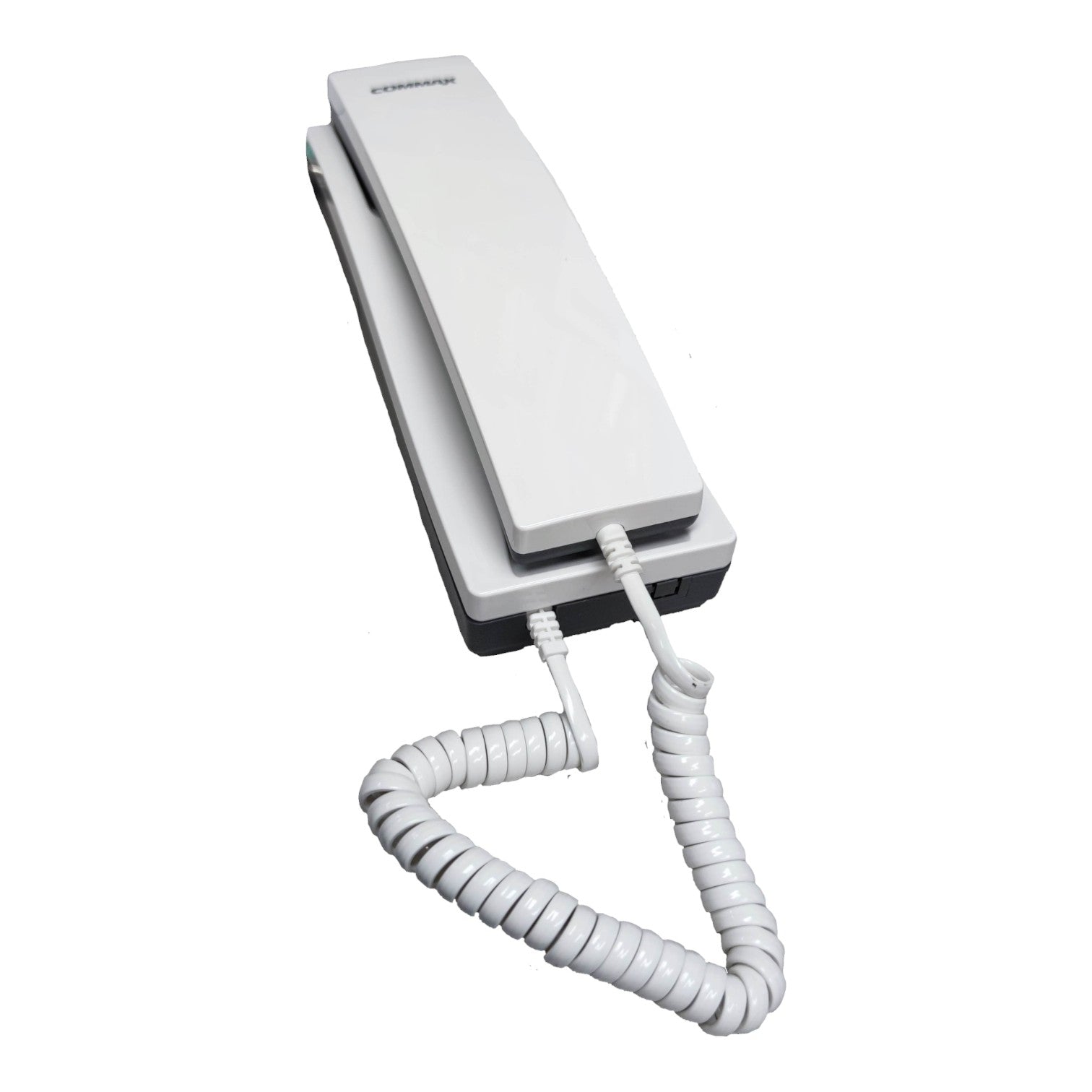 White phone with coiled cord on a white background