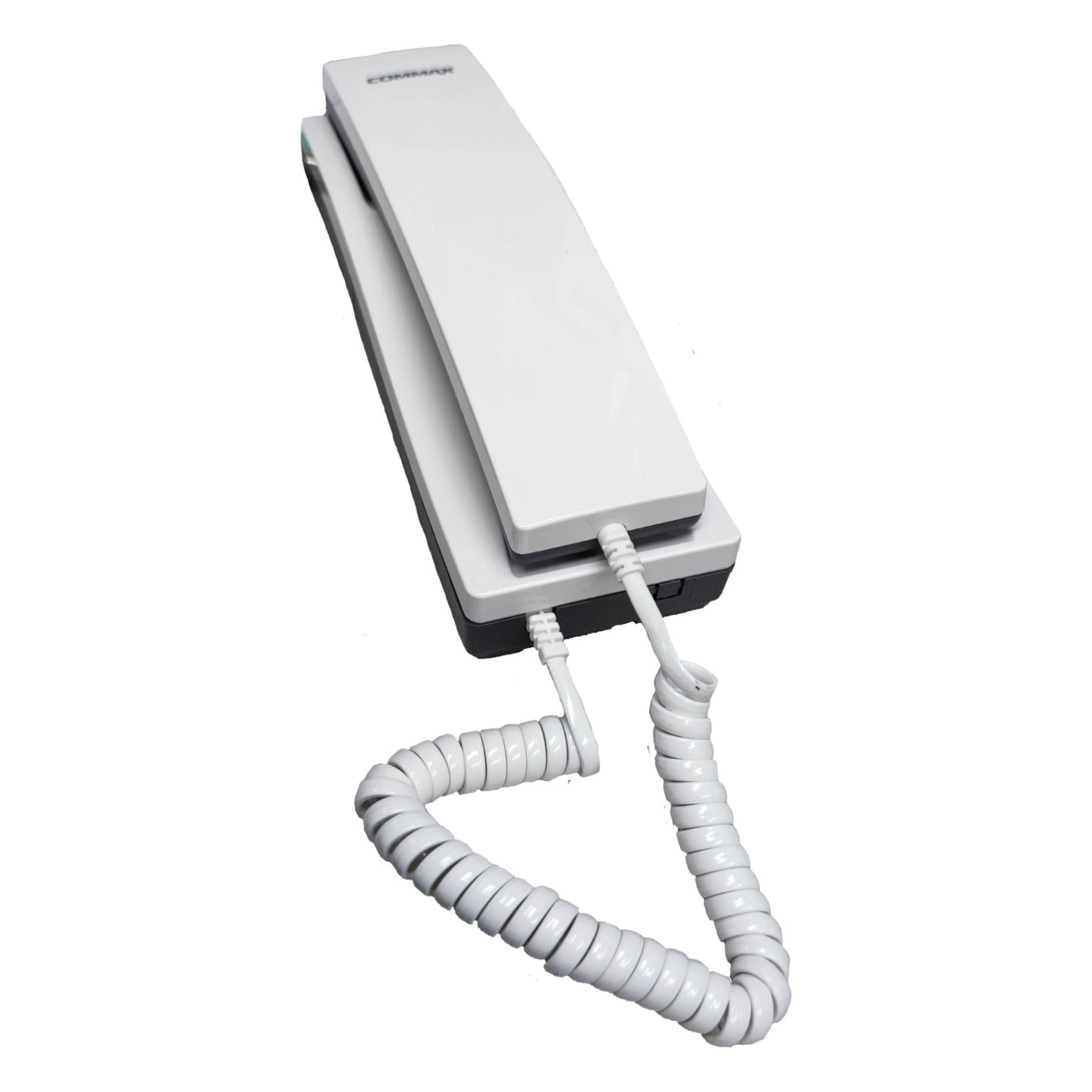 White phone with coiled cord on a white background Commax 30 Station Intercom System CLS-10 Expandable With Handset T06 with Expand Unit CLS-10T(L) with Expand Unit CLS-10T(R) and 30pcs Sub-Station , 1pc CLS-10 + 1pc CLS-10T(L) + 1pc CLS-10T(R) + 30pcs TP-S + 1pc T06