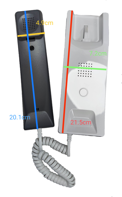 Commax Intercom Slave TP-S white and black handset units with coiled cord and size markings