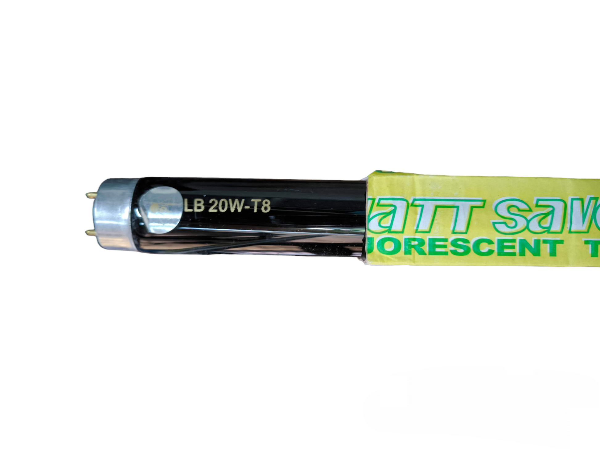 Crompton 18W T-8 Black Light Fluorescent Tube with silver end cap and partial yellow packaging