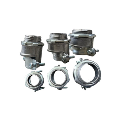 Flexible Straight Connector 38mm metal conduit connectors set showing three angled and three straight fittings for piping