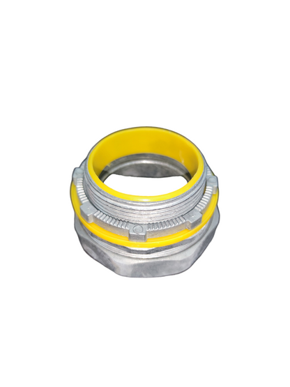 Liquid tight straight connector with durable metallic body and yellow protective ring for secure fittings