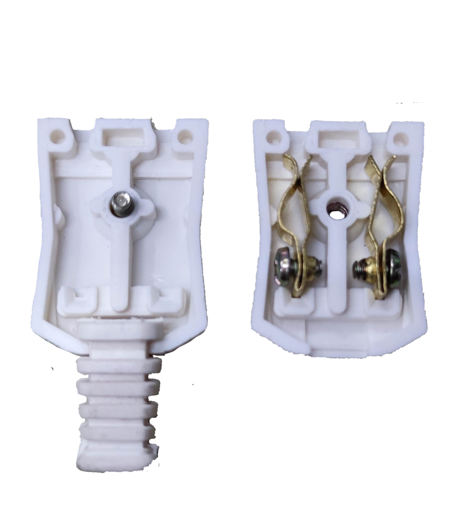 Surer Cord Connector Outlet 10A 250V Flat Pin with white plastic body and metal contacts open view