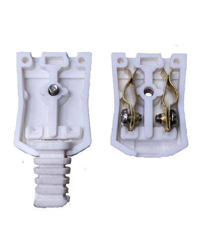 Surer Cord Connector Outlet 10A 250V Flat Pin with white plastic body and metal contacts open view